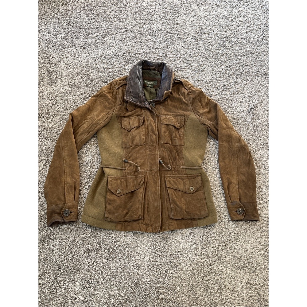 Eddie Bauer Leather Jacket Womens Small ‎ Brown Green S Packable Hood